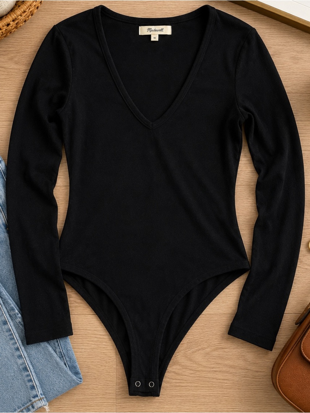 Madewell Black V Neck Long Sleeve Bodysuit Size M